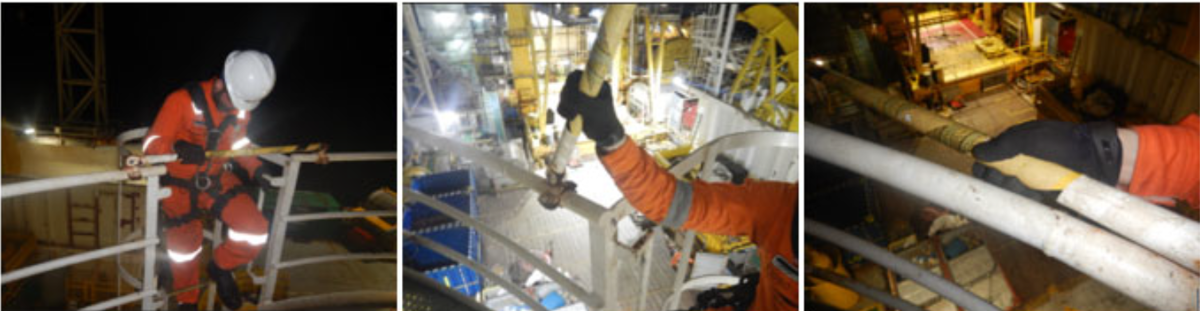 A crew member got his finger trapped in a hinged fall protection bar on a crane pedestal platform, causing a serious injury. 
