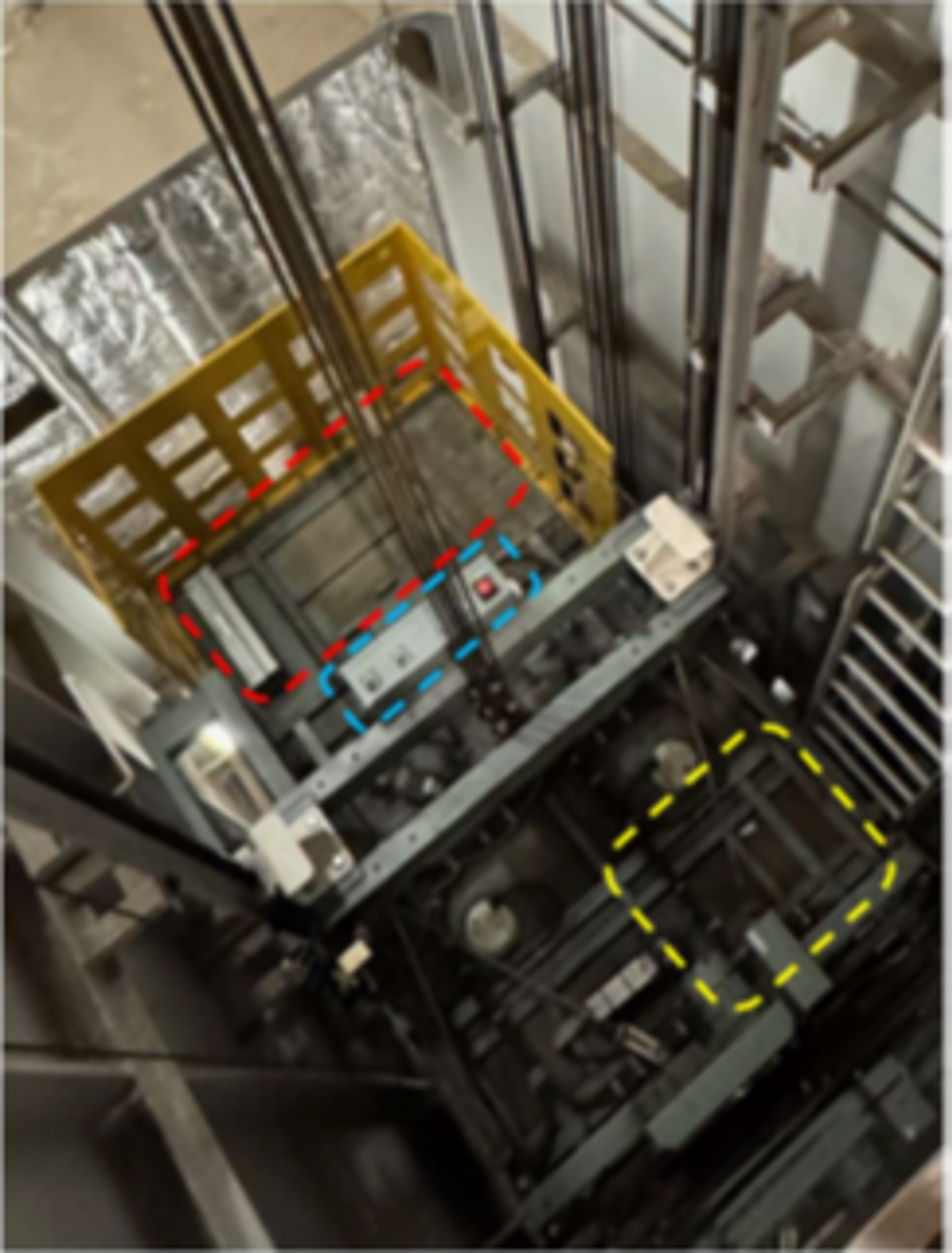 IMCA SF: Person fractured foot during elevator inspection Elevator cage top, with safe area (red), car junction box with operation switched (blue) and location of IP during incident.