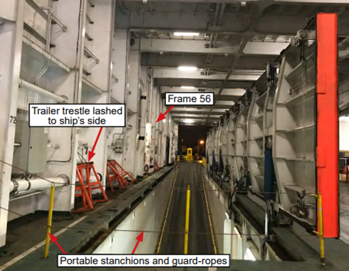 A crewman from the Cypriot registered ro-ro freight vessel Seatruck Pace died as a result of 4.5 metres fall through a vehicle ramp hatch.