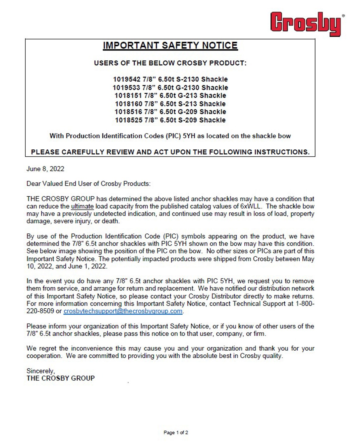 IMCA SF Crosby – Important safety notice for 7/8″ 6.5t Anchor Shackles 1 Crosby – Important safety notice