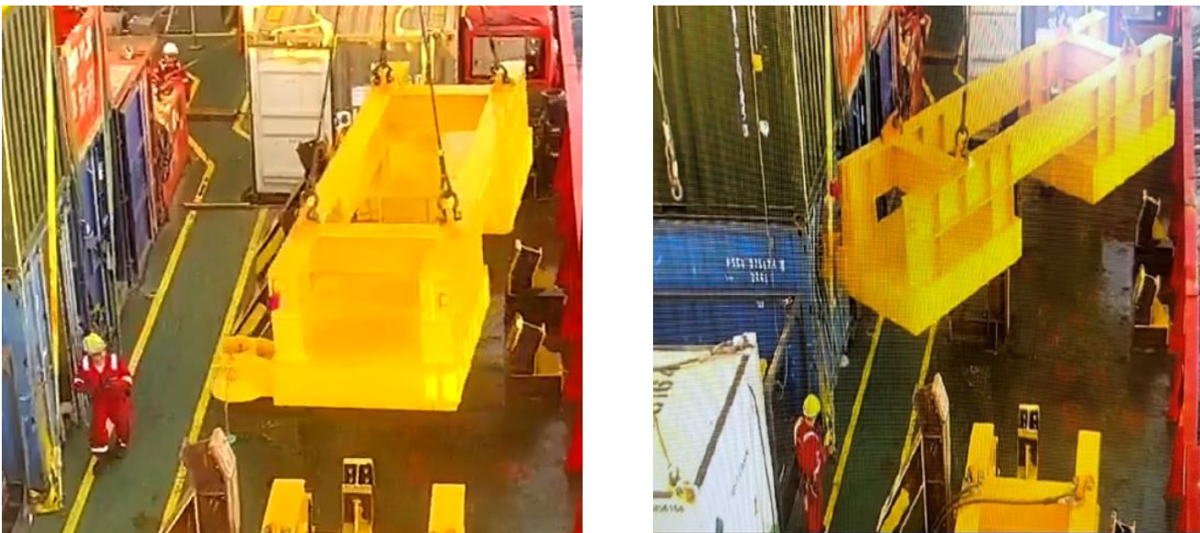 Snapshots from CCTV footage of near miss showing swinging load impacting container