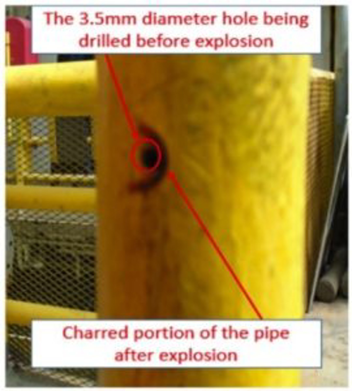 hole being drilled before explosion; charred portion of pipe after explosion