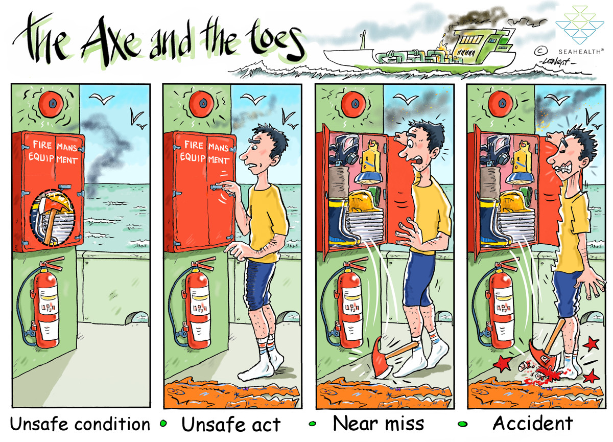 IMCA SF Near-miss: Fire axe falls out of cabinet, almost hits a fireman’s toes Cartoon the axe and the toes