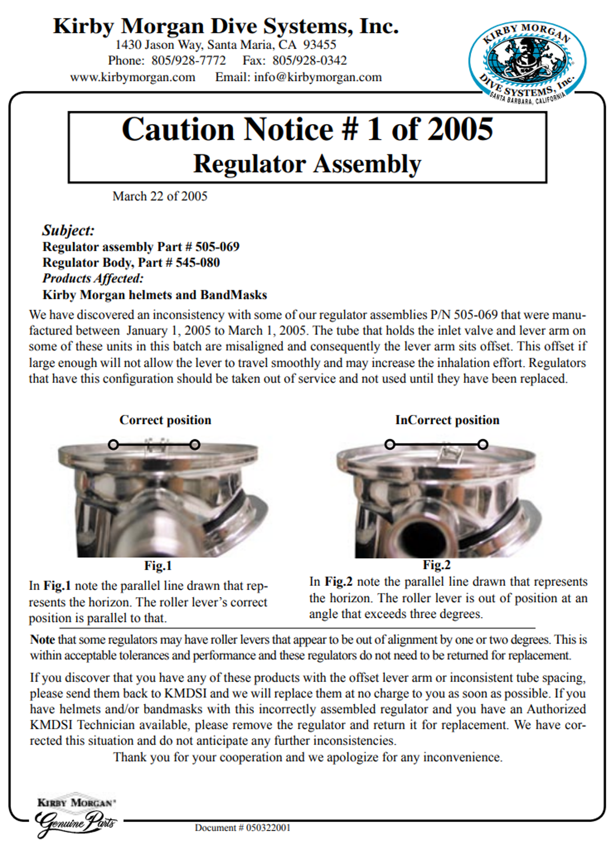 Caution notice #1 of 2005 Regulator assembly