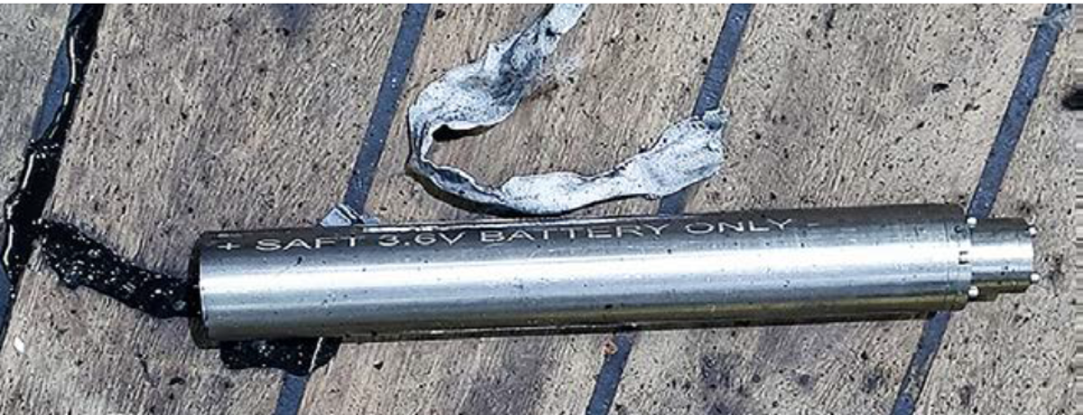 Seawater got into lithium-ion batteries in equipment for use subsea, causing an explosion. Inspection of the  equipment after a successful deployment identified a potential leak from one of the metal tubes. However, other  work priorities meant that the technician in charge of the equipment decided to leave it in its storage area and delay  the removal and further examination of the battery. Seven  hours later, the vessel’s bridge team heard a loud bang.