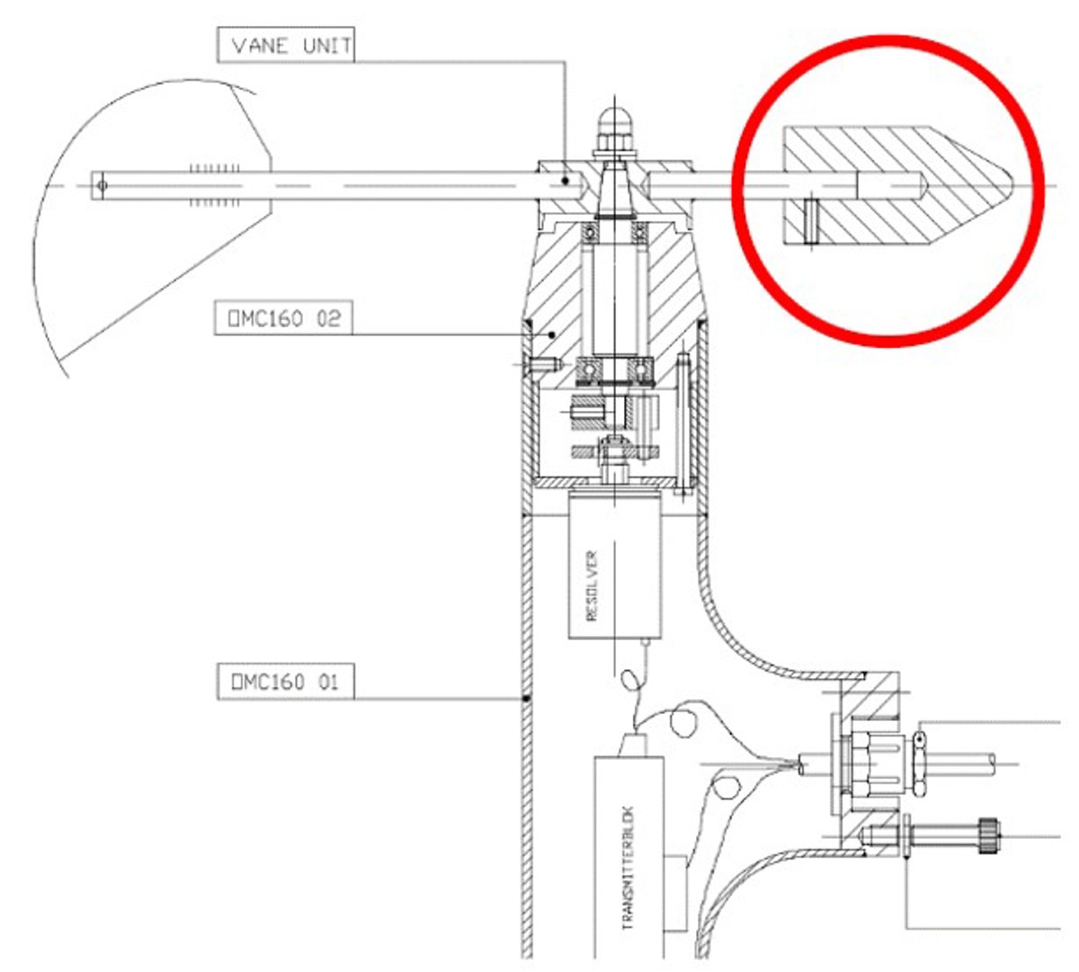 A small part weighing 0.3kg fell 20  metres from an OMC-160 wind speed  and direction sensor installed on a  vessel’s main mast. Two wind speed and  direction sensors were installed on the  vessel’s main mast; they consisted of a  wind speed sensor and a wind direction  sensor. The wind direction sensor was of  the wind vane type unit and had a  counterweight (length 6 cm/diameter 3  cm; 300 grams) fixed to it. This  counterweight was only secured to the  wind vane by a single grub screw.