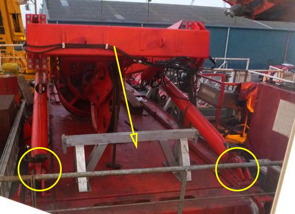 ‘A’ frame in final position after collapse – showing where bolts were removed from feet of hydraulic rams