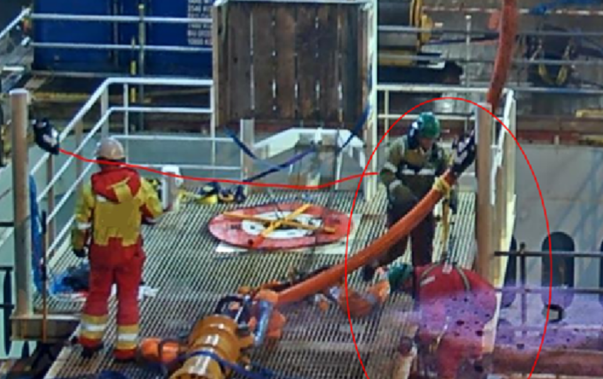 Person pulled to deck by fall arrest harness