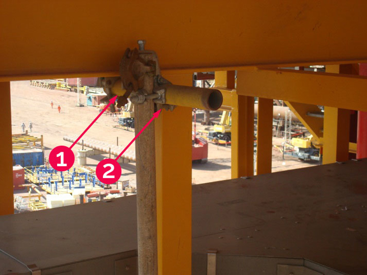 details of scaffolding – 1) safety or check coupler; 2) support coupler
