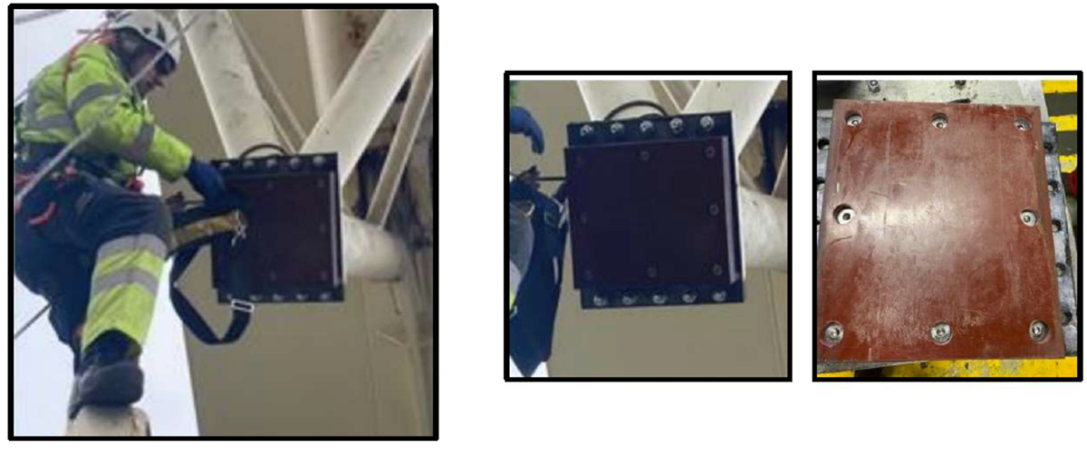 Vessel technicians modified the backing plate by securing the boom stopper pad with 8 x M16 countersunk cap  screws, Loctite and centre dab, and then it was reinstalled by a rope access team. The metal backing plate was  IMCA Safety Flash 12/23 Page 3 of 7 secured with M20 bolts using nyloc and Loctite, preventing any repeat of the boom stopper becoming  detached