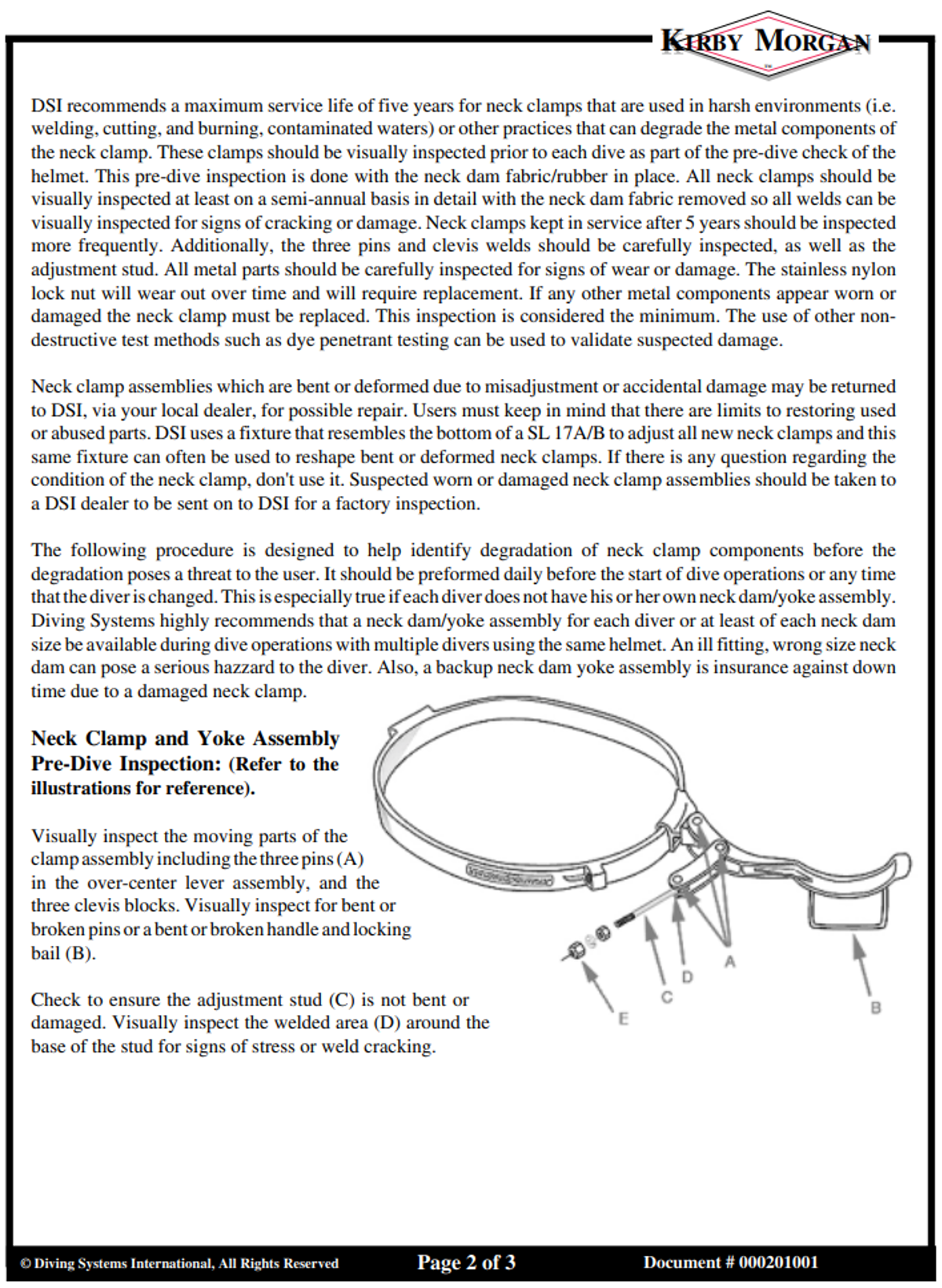 IMCA SF: Weld failure on Kirby Morgan KM17B 505-055 neck clamp Safety Flash 06 07 2 M&R Bulletin 2