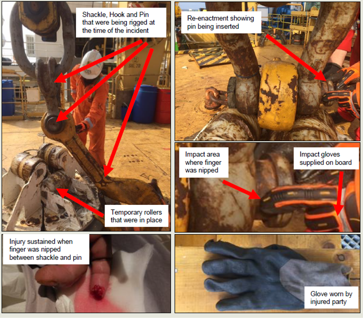 IMCA SF: LTI: Finger injury sustained handling heavy shackle pin Image1 The crew member's left index finger was nipped between the head of the shackle and the body of the shackle. This resulted in a serious injury to the index finger of the left hand.