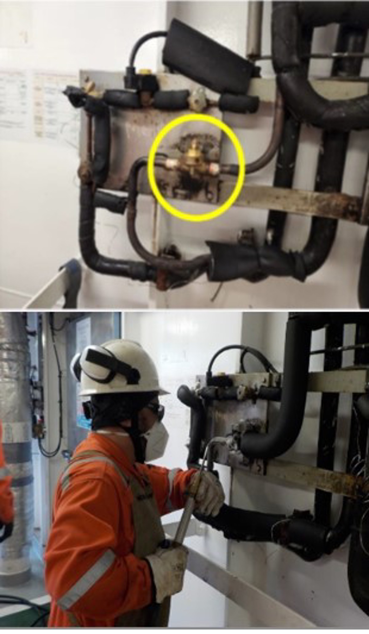 Faulty gas return line valve The crew member did not wear a face mask during  the welding job. The company’s procedures did not  require the wearing of a face mask for this gas  welding, although the wearing of a face mask was  identified as a control measure in the risk  assessment