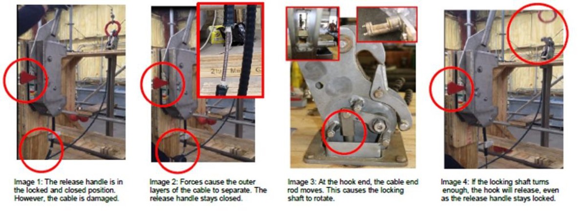 The Safety Alert addresses the importance of checking for and replacing damaged control cables that operate between the release handle and hook in a lifeboat hook release system