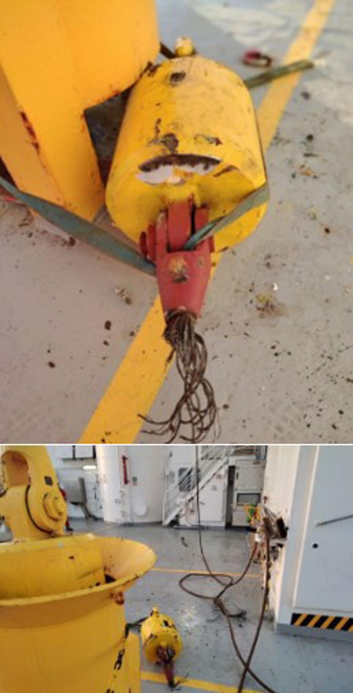 the block  and hook fell approx. 3m down  to deck, and bounced before  coming to rest. Six people were  involved in the operation and  found to have been at high risk  had conditions been slightly different.