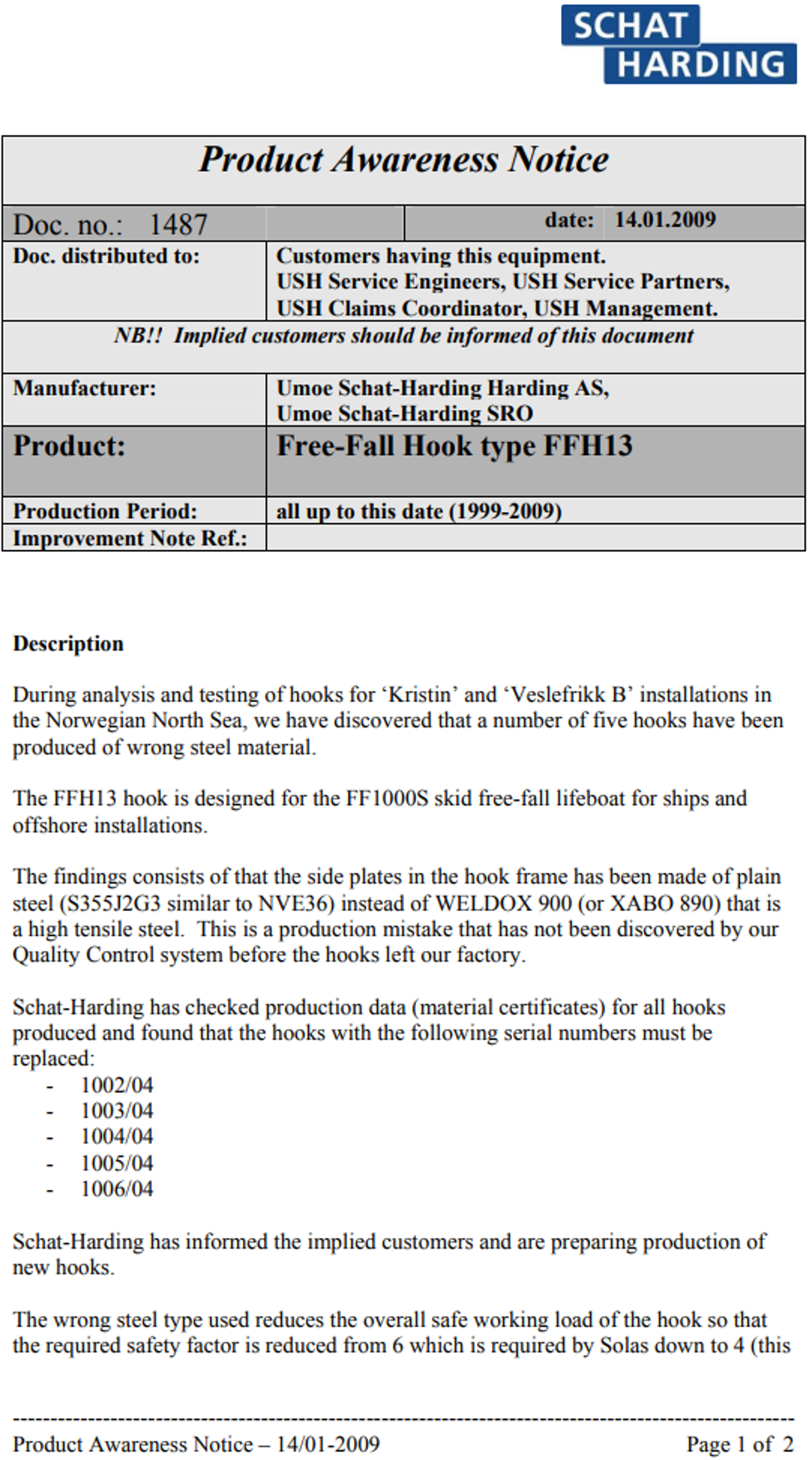 Schat Harding Product Awareness Notice – Free-fall lifeboat hooks page 7 of 8