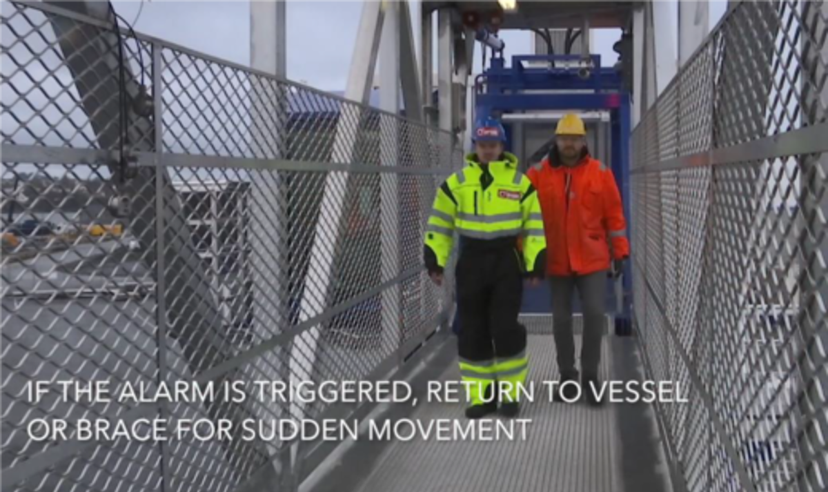 IMCA SF 07/19:  Transferee stepping from gangway to staircase during rotation 520X309 View from gangway operator’s induction video