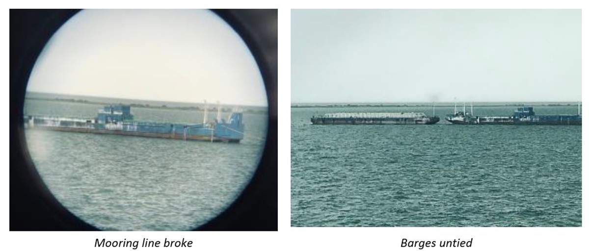 Two barges were tied up and moored at an anchorage. Crew were working on a third barge when they spotted the unusual position of another barge, and suspected that a mooring line had parted.
