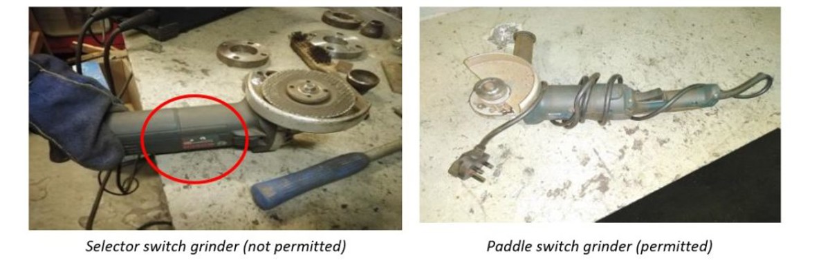 Deliberate failure to follow instructions: Unsafe/quarantined tools brought back into use During a routine vessel inspection, crew were observed using a grinder with a selector switch as opposed to a paddle switch, which was contrary to procedures and communication from previous incidents and safety bulletins.
