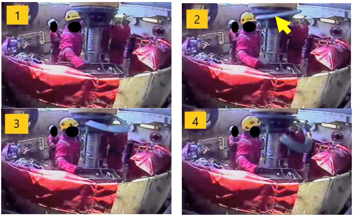 Photographs: CCTV footage capturing the moment the load ring half plate, indicated by the yellow arrow, was dislodged from the laydown tool assembly image 1 and the subsequent trajectory of the dropped object (images 2,3 and 4)
