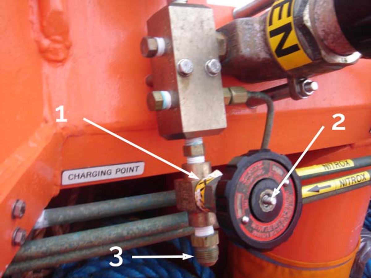Charging point assembly in small craft – 1) One end of whip check anchored here; 2) Charge point isolation valve stem; 3) Failed HP hose connected
