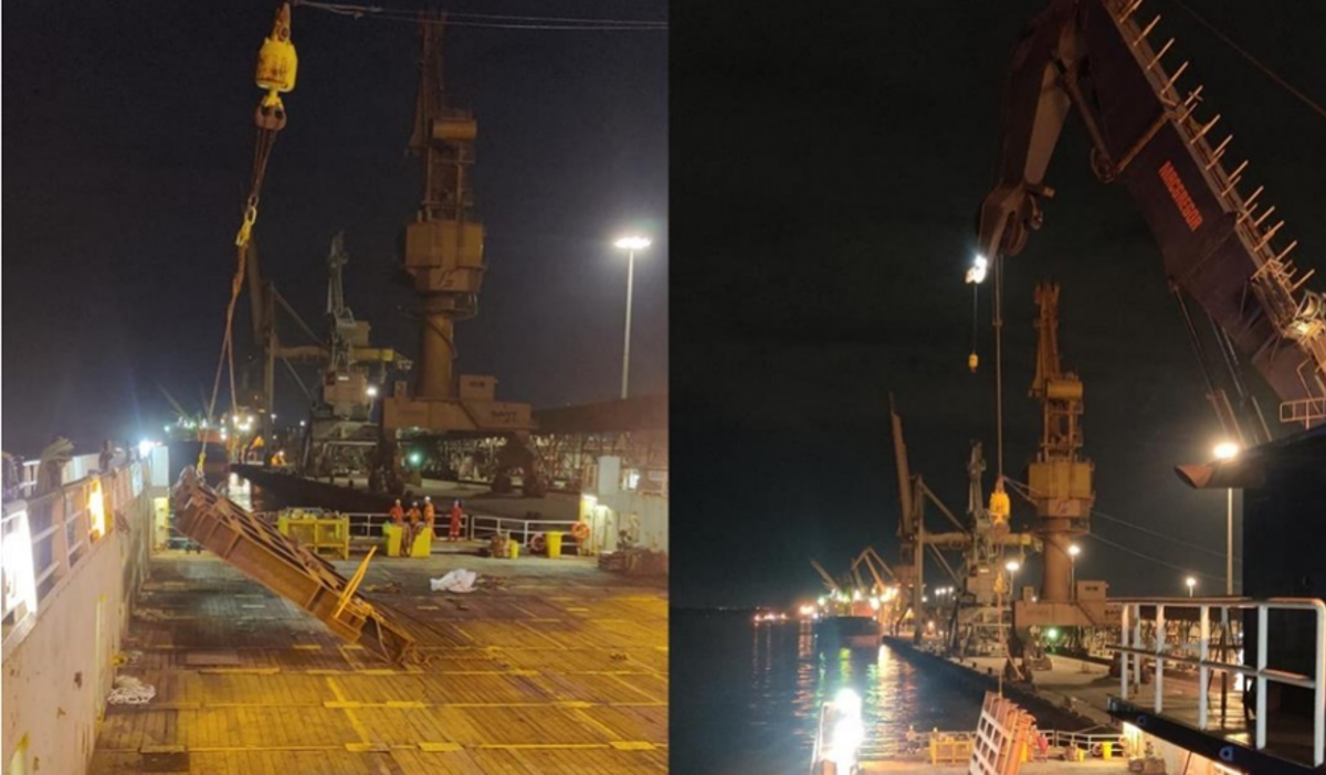 Three of four lifting chains on a load parted while the load was being lifted. The incident occurred in the last lift of  sections of grillage from a vessel involved in project demobilisation. At the time of the incident, the grillage was  suspended, above the deck, by approximately 4m. Following a discussion between the Deck Foreman and the Crane  Operator, the grillage was slowly lowered down to the deck. There were no injuries.