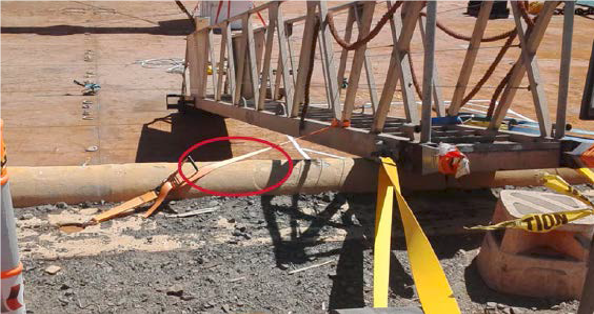 Gangway secured using cargo strap