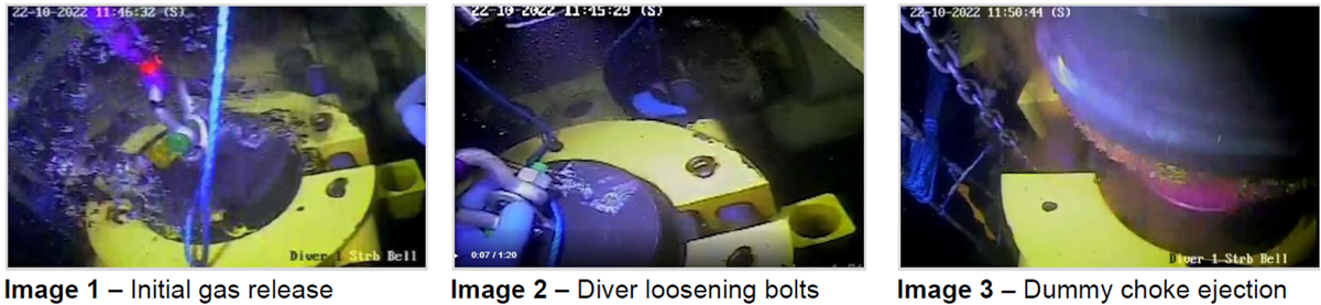 1 Initial gas release; 2 Diver loosening bolts; 3 Dummy choke ejection A Dive team was removing a dummy choke insert and replacing it with a choke valve insert. During the removal of the half shell clamps that retained the dummy choke insert, unexpected differential pressure from the flowline forced the dummy choke insert (85kg in water) out of the choke valve body at significant force. The two divers were loosening the clamp bolts around the dummy choke and were therefore close by when it ejected.