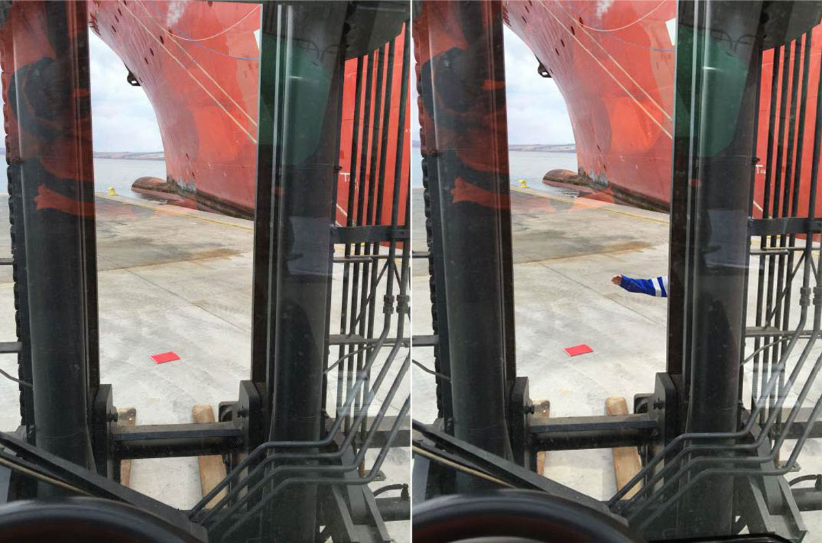 IMCA SF Fatality: Crew member struck by forklift during quayside operations 1 Mock up of fork lift operators view
