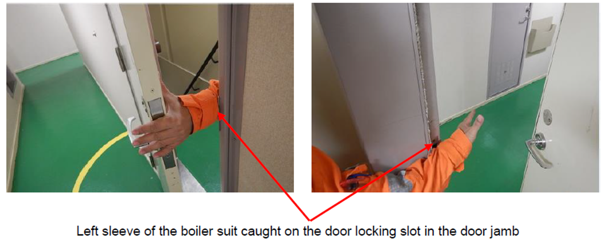 IMCA SF: LTI: Hand injury resulting from clothing catching on door 1617 boiler suit sleeve caught on the locking slot in the door jamb