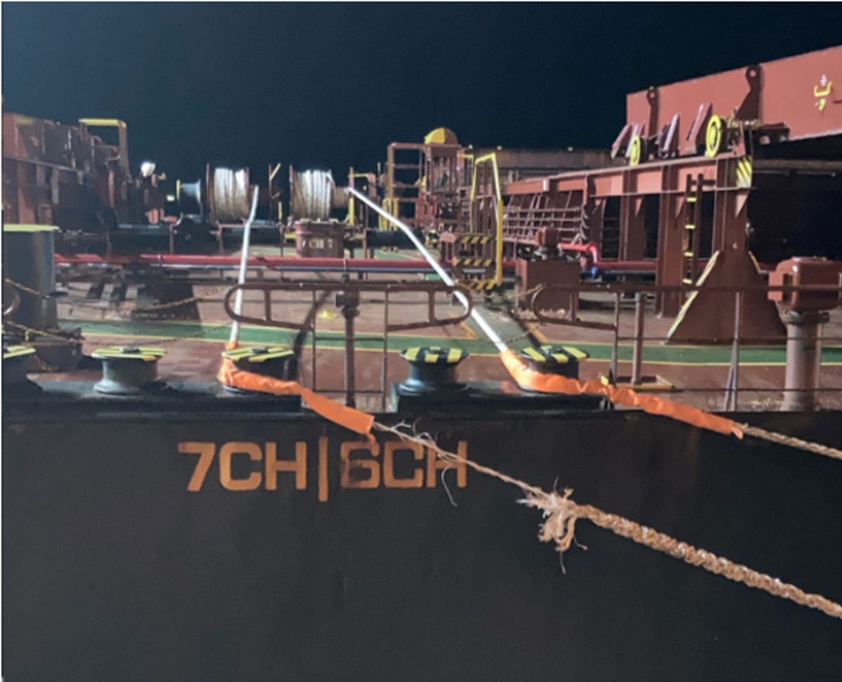 Mooring line showing significant abrasion damage A long, low-amplitude swell was causing a steady yawing  and rolling motion of up to around 1.2m from the wharf on a 93,000-tonne deadweight bulk carrier alongside.  During this time, a forward spring line running over the edge of the shipside roller fairlead began interacting with  another mooring line causing significant abrasion damage.