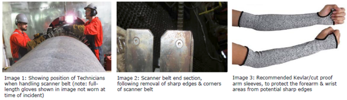 IMCA SF Pipelay technician sustained cut to wrist whilst handling testing equipment Position of technicians, scanner belt and recommended cut proof sleeves