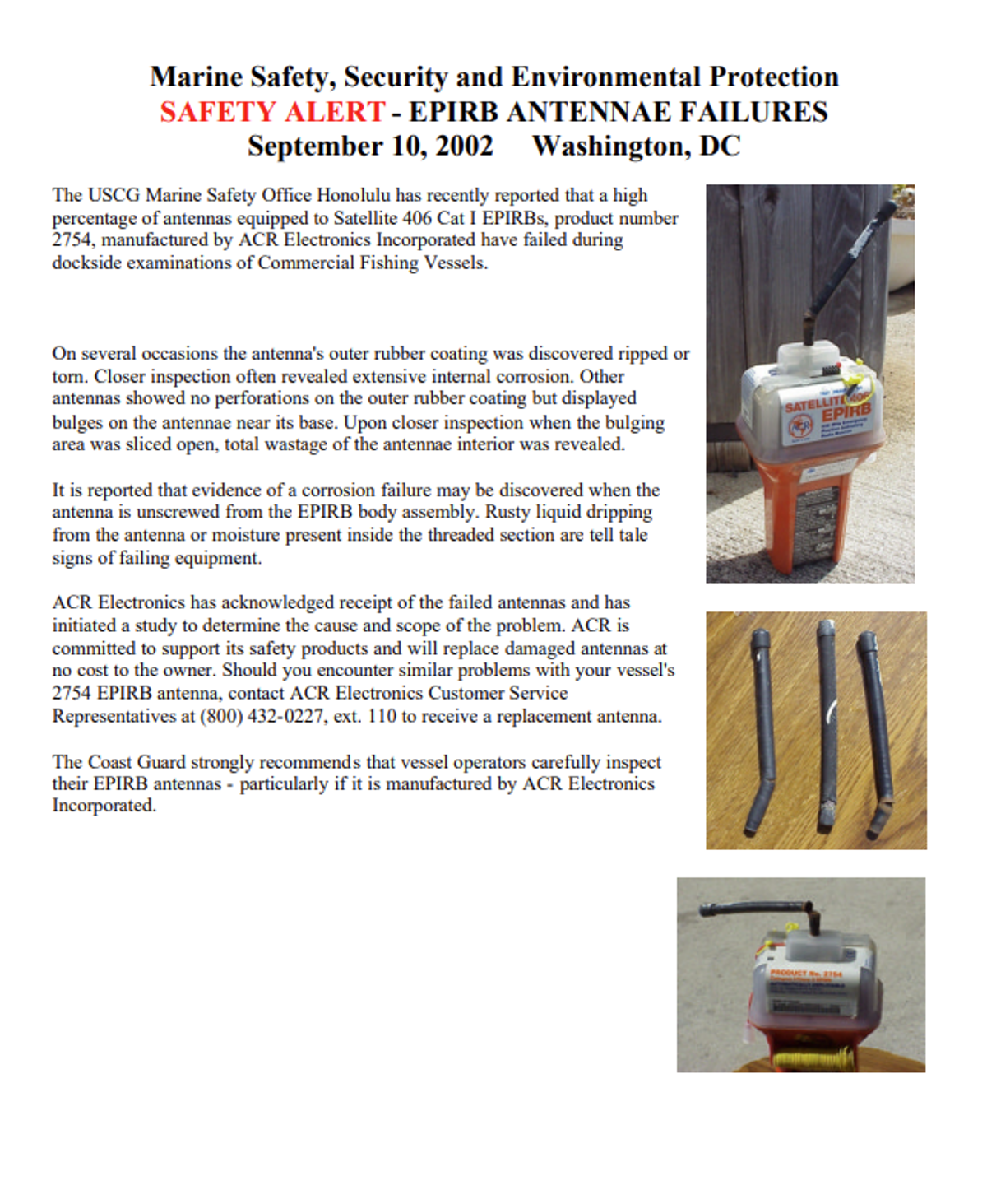  details of defects identified by the US Coast Guard in antennae on EPIRBs 