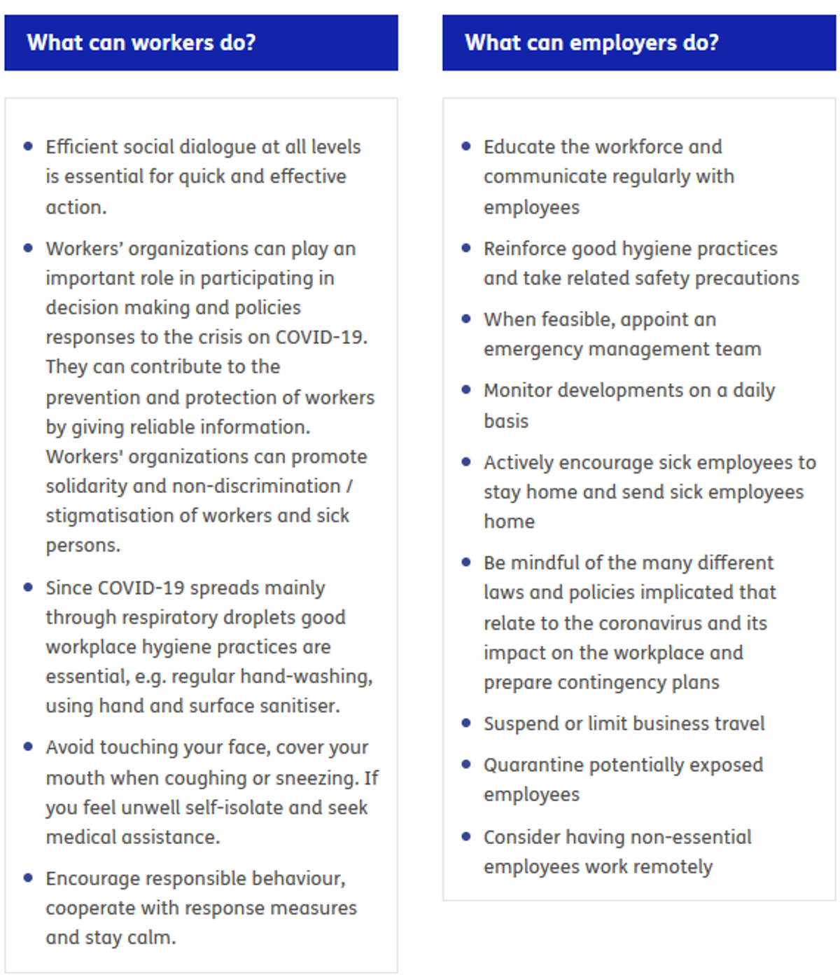 IMCA SF COVID-19 update 1 3 The International Labour Organisation (ILO) provides guidance here on COVID-19 and the world of work. An informative graphic from that page is reproduced here.
