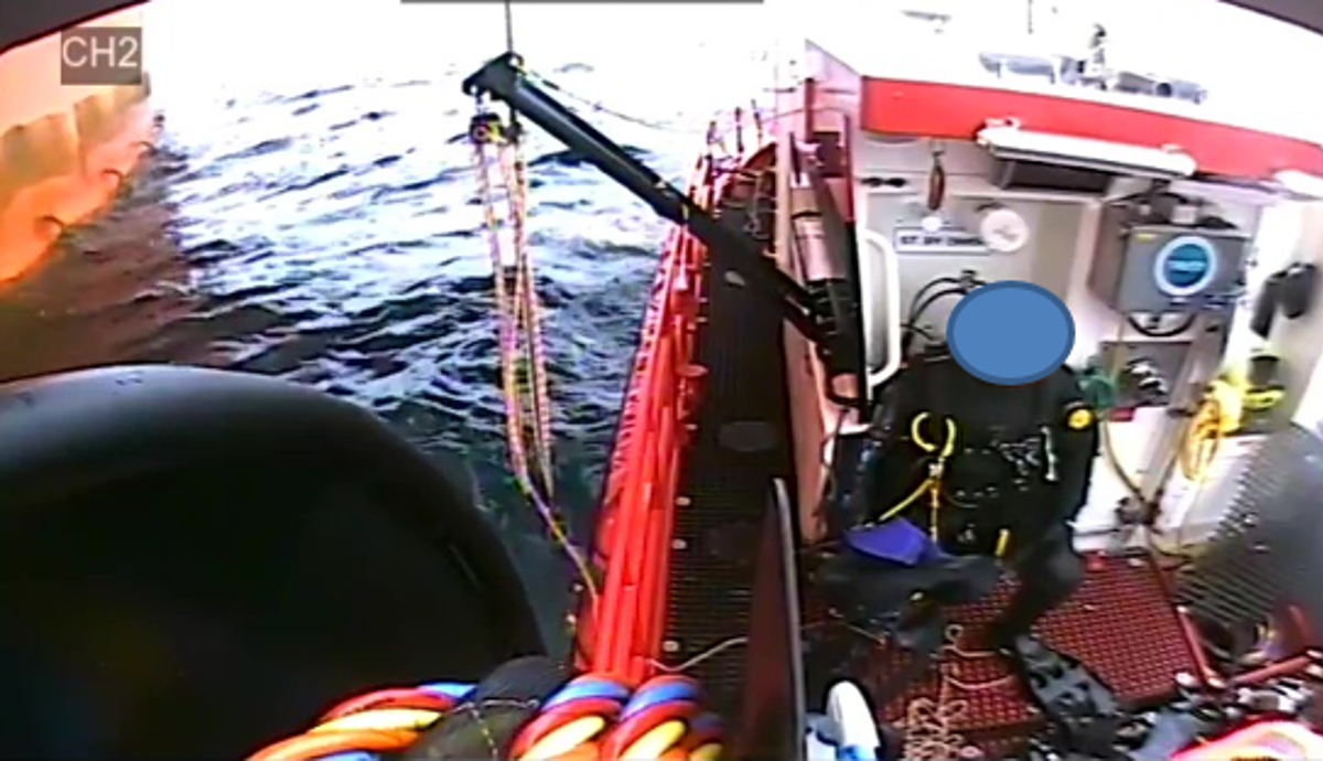 IMCA SF: Stored energy near miss: Person nearly hit by equipment caught during light daughtercraft operations Image6 (3) showing mooring line caught on diver rescue davit in deployed position