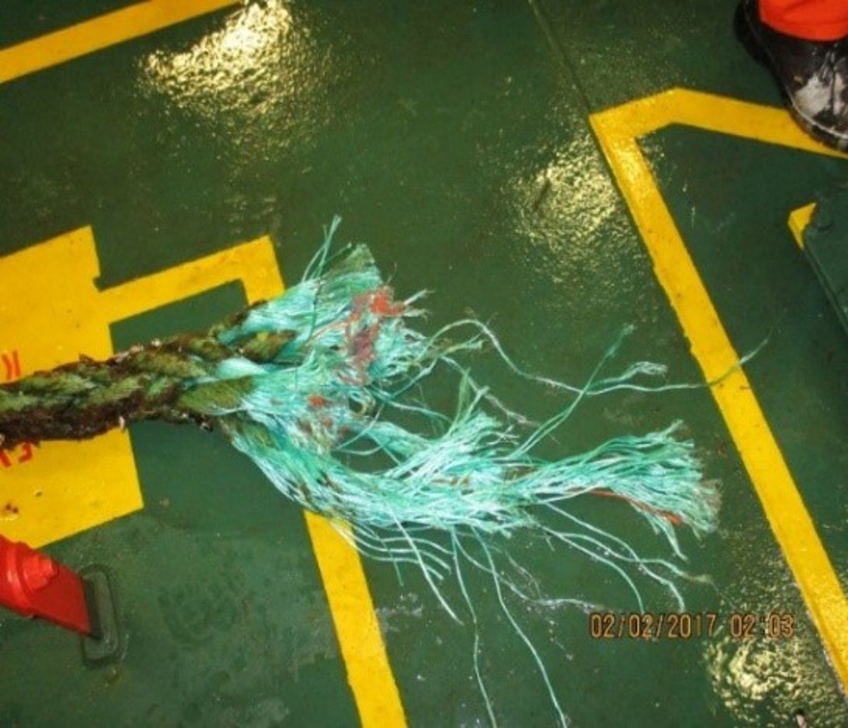 IMCA SF: High potential near-miss: Mooring rope parted 155 Equipment failure following from wear & tear, in turn following from inadequate or insufficient routine inspection.