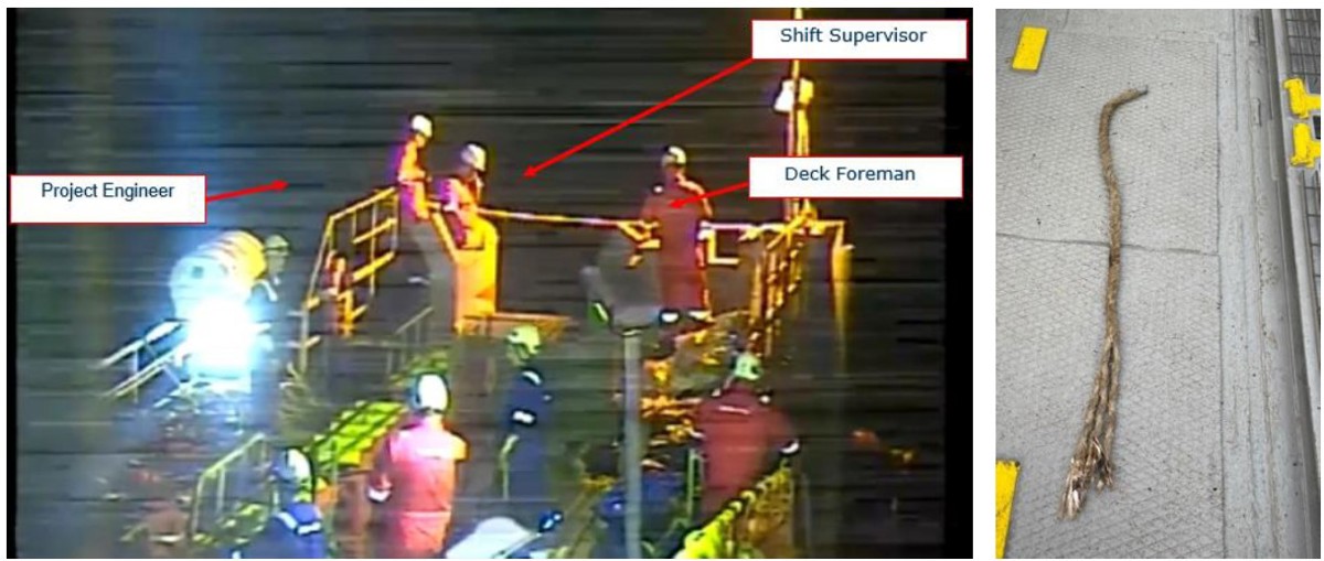 The polypropylene rope suddenly came under tension, parted, recoiled and struck the Shift Supervisor’s helmet