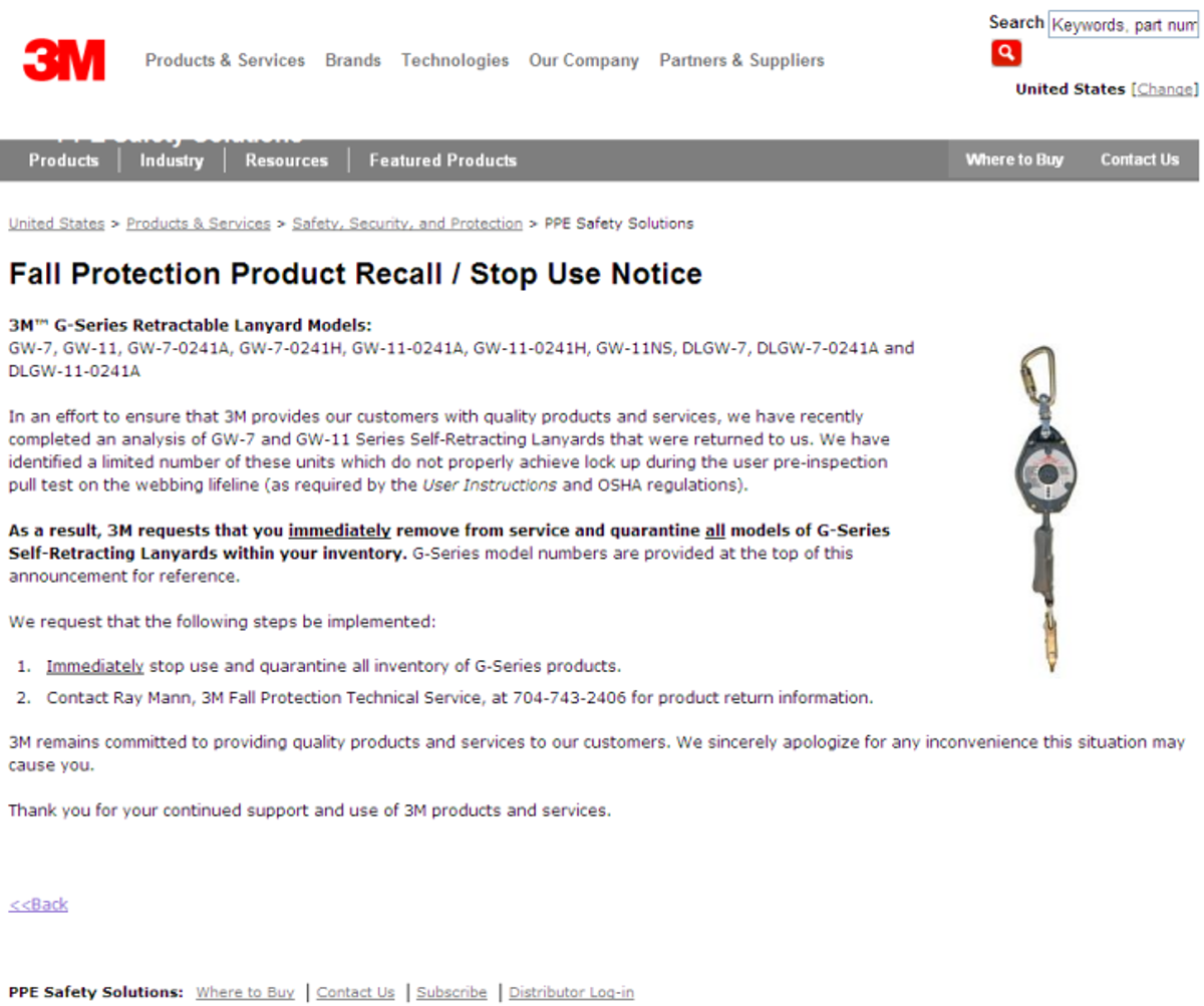 3M G-series retractable lanyard product recall notice