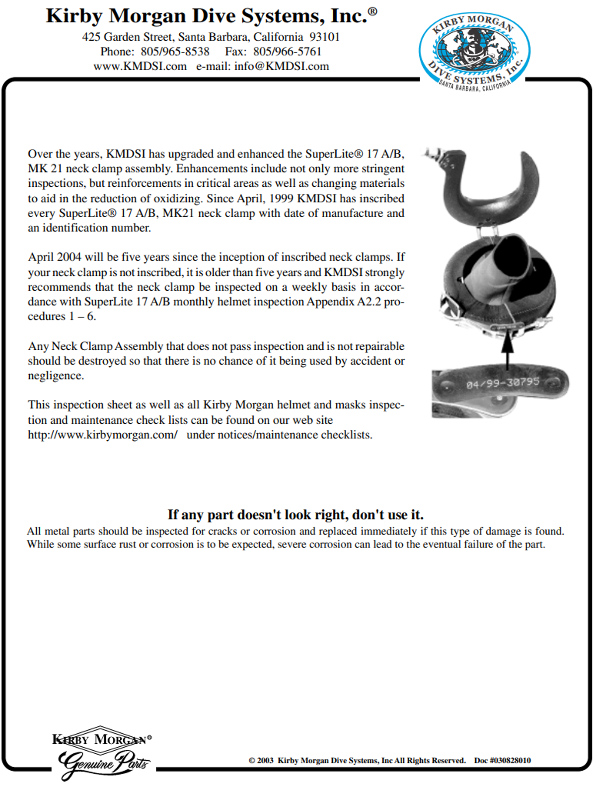 IMCA SF: Weld failure on Kirby Morgan KM17B 505-055 neck clamp Safety Flash 06 07 5 Safety Notice 1 of 2003 p2