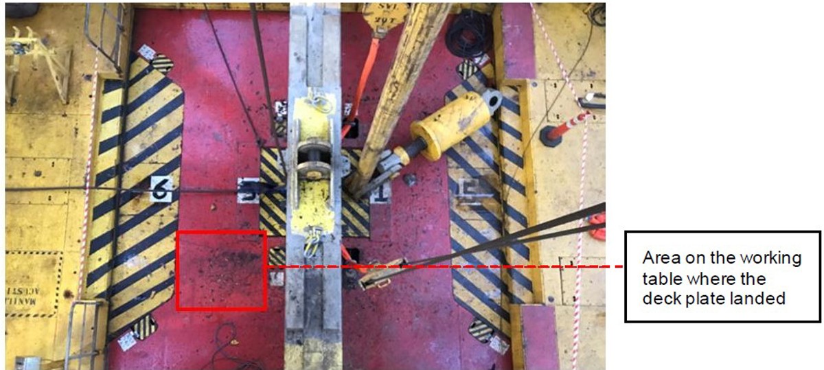 IMCA SF Dropped object – Steel deck plate falls from pipelay tower Area on working table where the deck plate landed