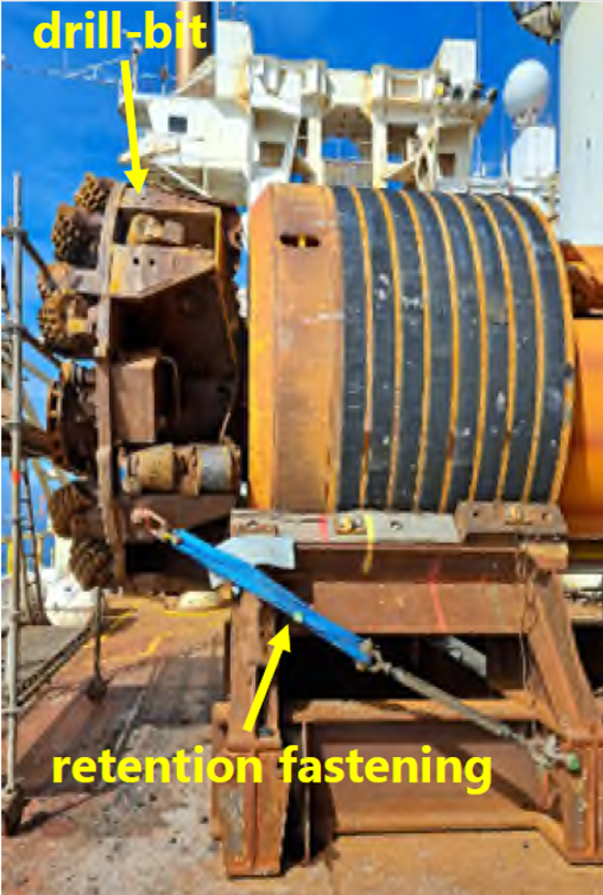 A large diameter subsea drill had completed drilling operations and  was returned to the vessel’s deck for planned maintenance. Part of  the maintenance programme required the drill support system to  be energized. As the system was energized, the drill bit  unexpectedly started rotating for around 40 seconds. The retention fastenings, used to secure the drill during  maintenance, parted, tangling in the rotating drill-bit. Nobody was in the vicinity at the time and there were no  injuries.