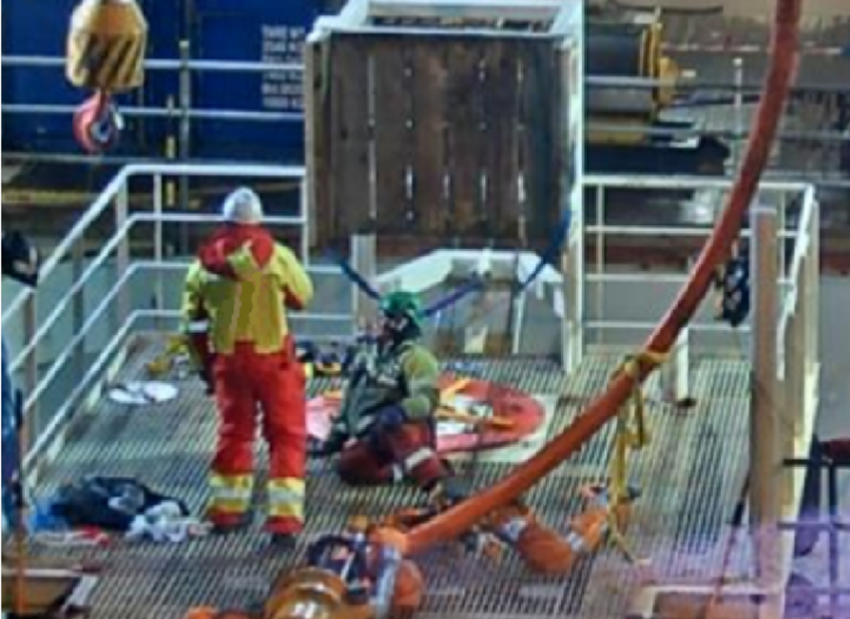 Person pulled to deck by fall arrest harness