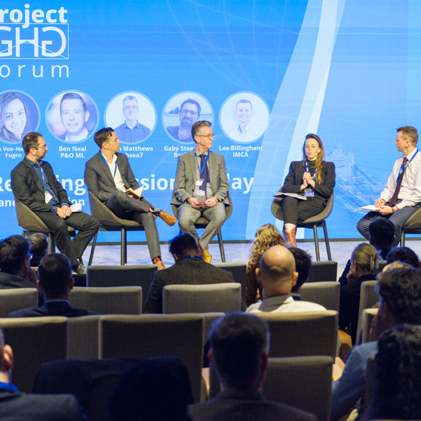 Photo of Panel discussion at ProjectGHG Forum (John Matthews - Subsea7, Ben Neal - P&O ML, Iris de Vos-Hermeler- Fugro, Gaby Steentjes - Boskalis)
