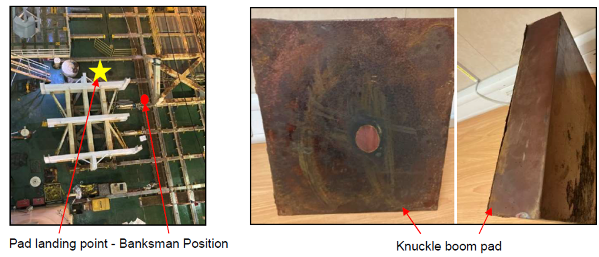 A knuckle boom stopper pad fell to the main deck directly below the knuckle boom. No personnel were injured,  however there was potential for serious or fatal injury. The incident occurred when a crane operator started moving  the crane boom in preparation for use.