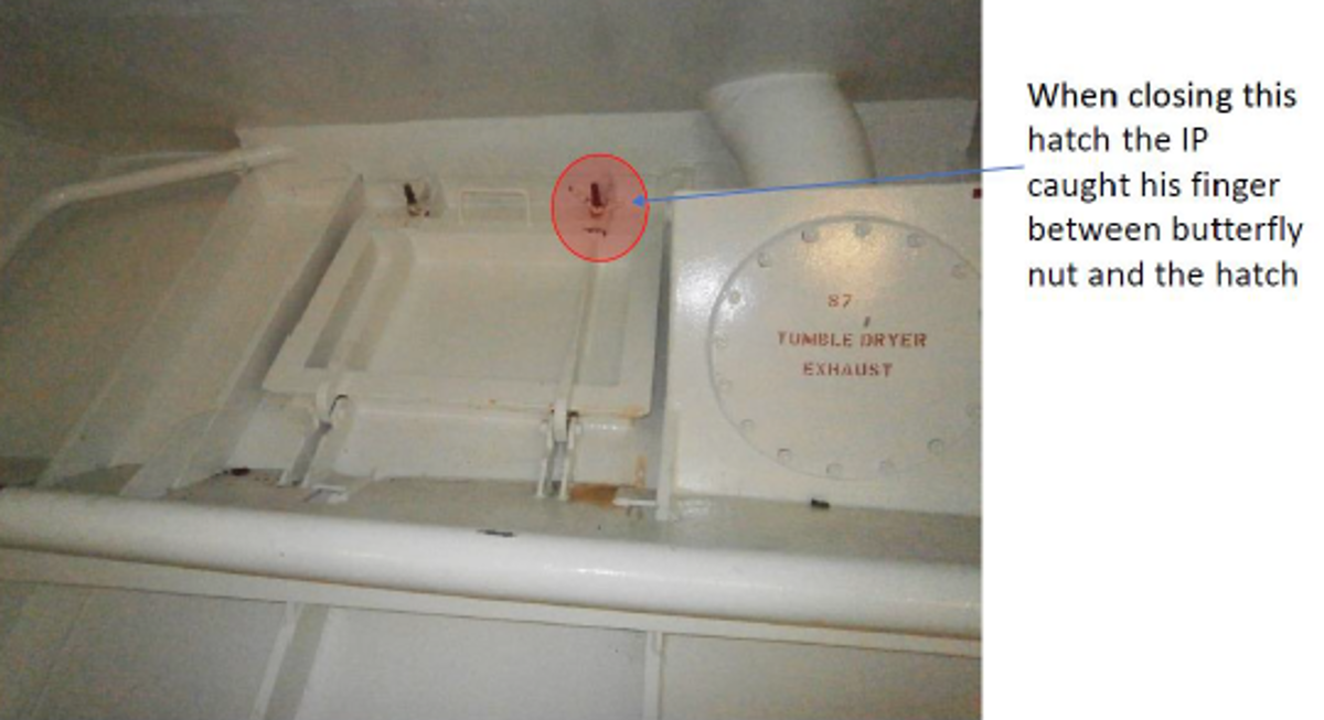 IMCA SF 27/19: Finger trapped and injured whilst moving hatch covers 9 The hatch being secured was heavy and in such a position that it required the AB to reach or climb up to open, close and secure it; this awkward arrangement resulted in finger entrapment.
