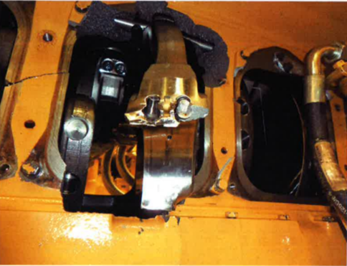 IMCA SF Vessel engine block blown open in and around cylinder 1 Showing the connection rod on the cylinder blown through the engine block