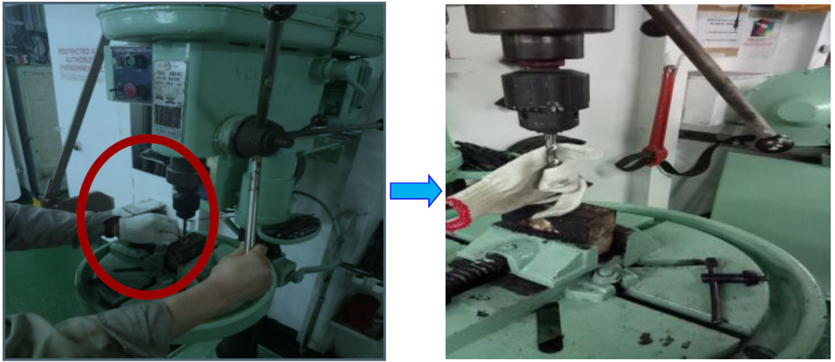 Glove became entangled in the drill bit of pillar drill, resulting in serious injury to left index finger