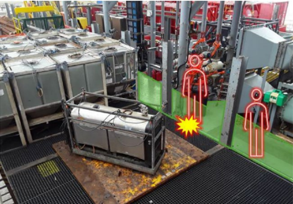 Figure 1: Worker entangled while moving toward a 'Step Back Area' • January 2023: While lifting a welding machine from the deck, a crew member moved into the Step Back Area  (see Figure 1) and stepped into the coiled tagline and became entangled. The crew member was able to grab  the tagline while entangled and was lifted up and swung with the load approximately 4m off the deck (Figure  2). The Signalman relayed the crane operator to stop the lift, and the rigger and load were lowered to the deck