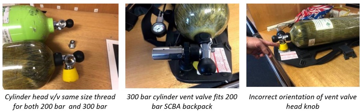 IMCA SF 33/20: Air cylinders – differences in working pressure and valve types Sf3320 31 The wrong type of SCBA cylinder v/v were also ordered, the heads come in two types – an ‘in line’ type and a ’90 deg’ type