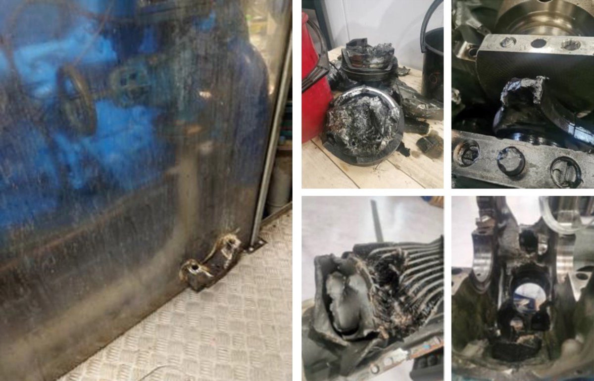 A vessel suffered a crankcase failure on one of four diesel generators, which resulted in two small fires and excessive damage to the pistons, con-rods, and the engine block